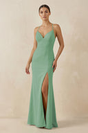 Spaghetti Strap Sheath Chiffon Bridesmaid Dress With Slit in Sea Glass - KISS BRIDAL Bridesmaid Dresses