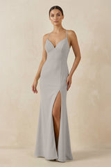Spaghetti Strap Sheath Chiffon Bridesmaid Dress With Slit in Silver - KISS BRIDAL Bridesmaid Dresses