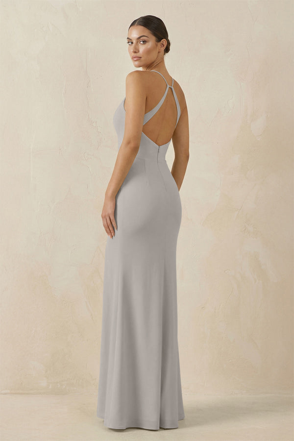 Spaghetti Strap Sheath Chiffon Bridesmaid Dress With Slit in Silver - SHE IS ME Bridesmaid Dresses