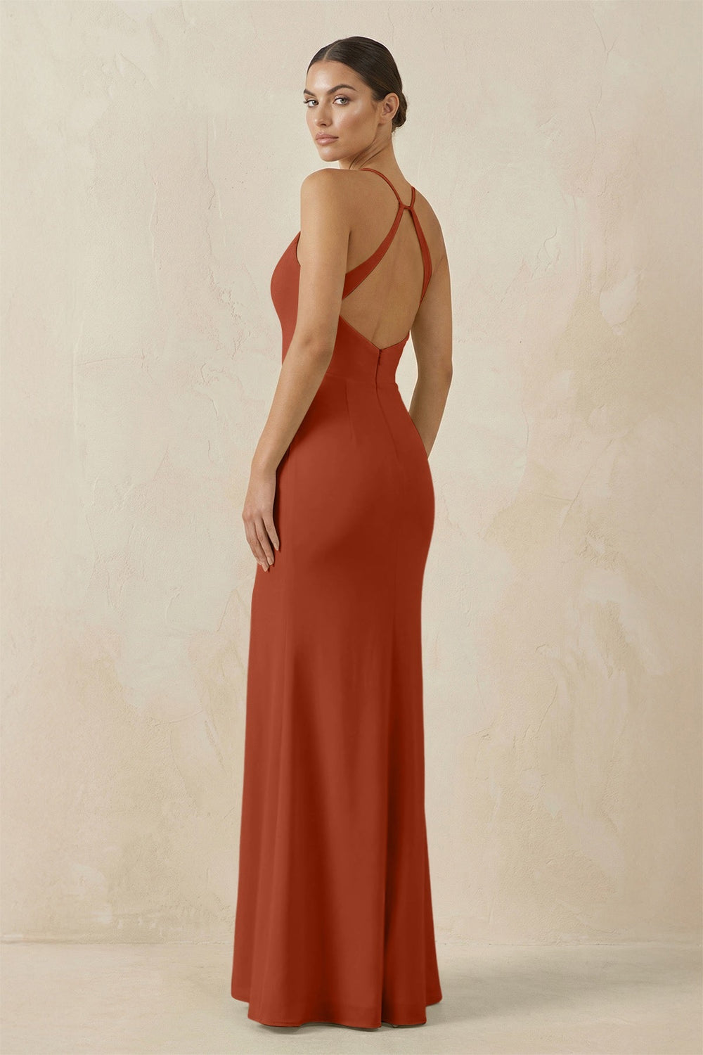 Spaghetti Strap Sheath Chiffon Bridesmaid Dress With Slit in Spice - SHE IS ME Bridesmaid Dresses