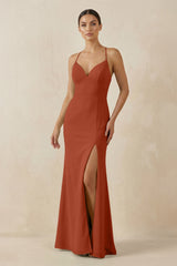 Spaghetti Strap Sheath Chiffon Bridesmaid Dress With Slit in Spice - KISS BRIDAL Bridesmaid Dresses