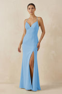 Spaghetti Strap Sheath Chiffon Bridesmaid Dress With Slit in Steel Blue - KISS BRIDAL Bridesmaid Dresses