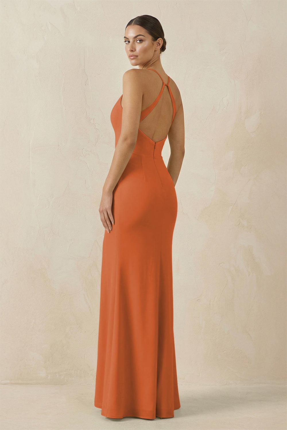 Spaghetti Strap Sheath Chiffon Bridesmaid Dress With Slit in Terracotta - SHE IS ME Bridesmaid Dresses