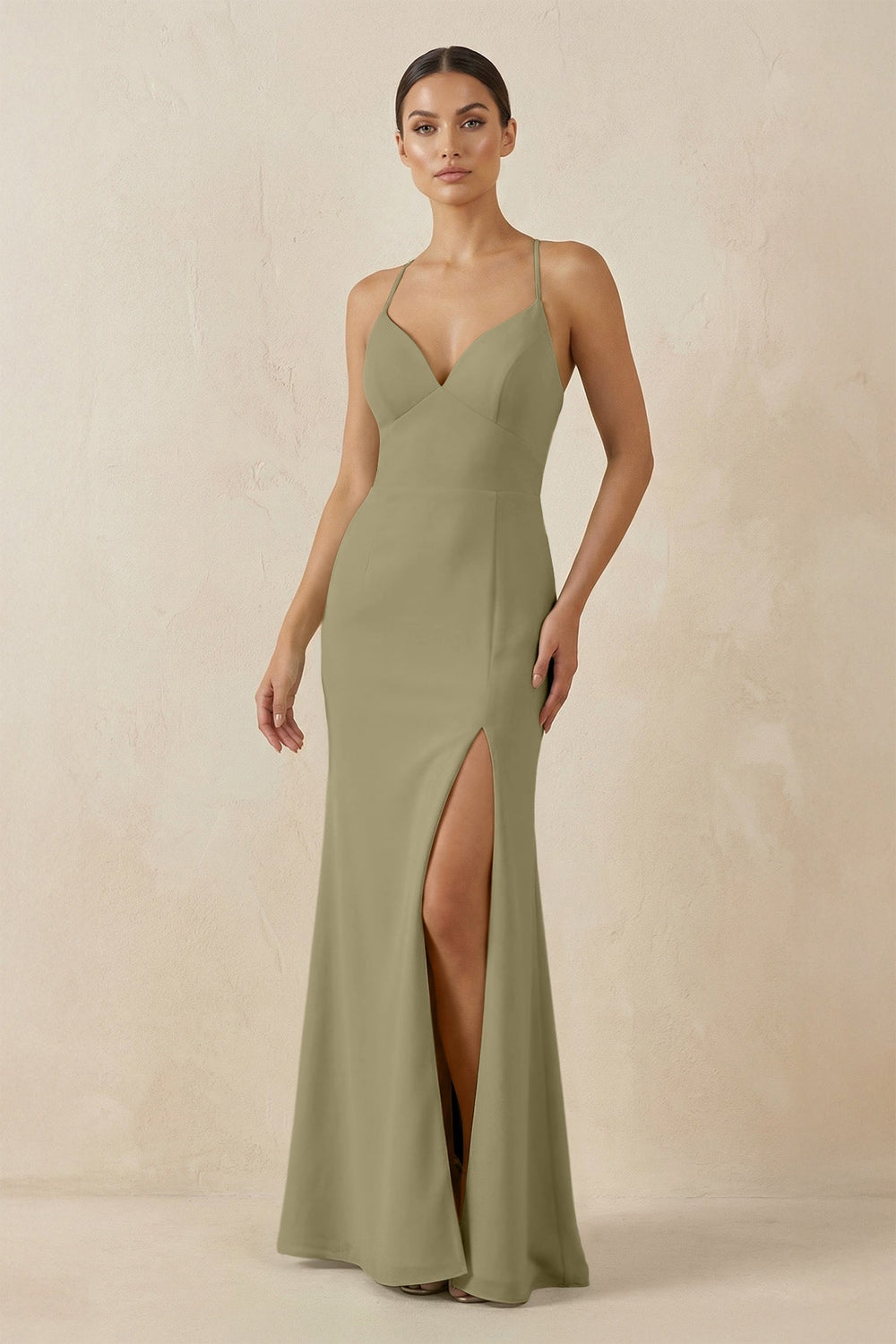 Spaghetti Strap Sheath Chiffon Bridesmaid Dress With Slit in Thyme - SHE IS ME Bridesmaid Dresses