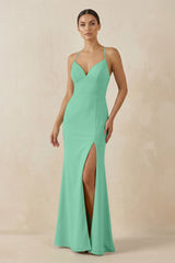 Spaghetti Strap Sheath Chiffon Bridesmaid Dress With Slit in Turquoise - KISS BRIDAL Bridesmaid Dresses