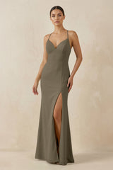 Spaghetti Strap Sheath Chiffon Bridesmaid Dress With Slit in Willow Green - KISS BRIDAL Bridesmaid Dresses
