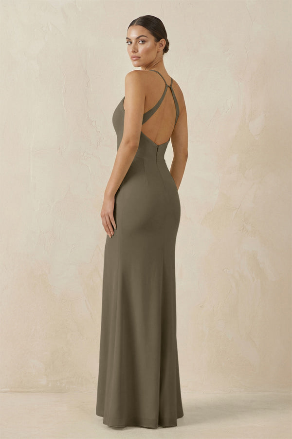 Spaghetti Strap Sheath Chiffon Bridesmaid Dress With Slit in Willow Green - SHE IS ME Bridesmaid Dresses
