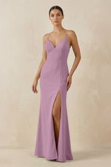 Spaghetti Strap Sheath Chiffon Bridesmaid Dress With Slit in Wisteria - KISS BRIDAL Bridesmaid Dresses
