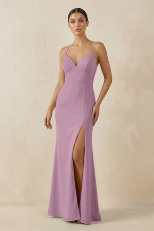 Spaghetti Strap Sheath Chiffon Bridesmaid Dress With Slit in Wisteria - KISS BRIDAL Bridesmaid Dresses