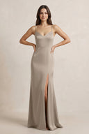 Spaghetti Strap Sheath Satin Bridesmaid Dress in Almond - SHE IS ME Bridesmaid Dresses