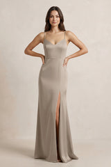 Spaghetti Strap Sheath Satin Bridesmaid Dress in Almond - KISS BRIDAL Bridesmaid Dresses