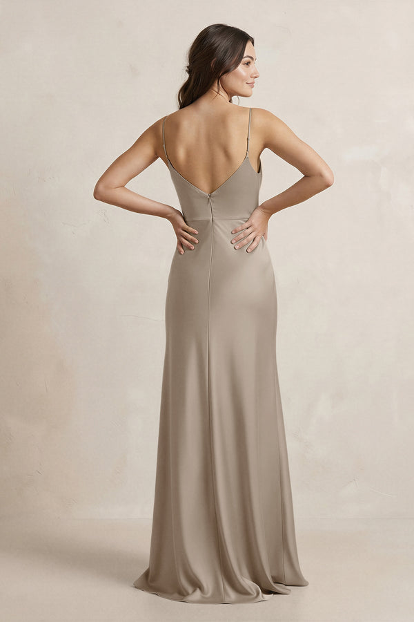 Spaghetti Strap Sheath Satin Bridesmaid Dress in Almond - SHE IS ME Bridesmaid Dresses