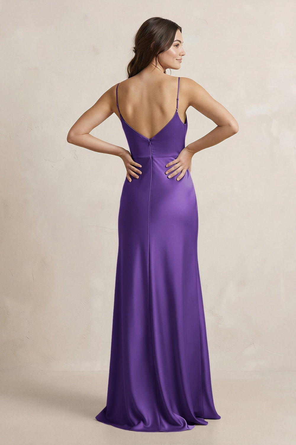 Spaghetti Strap Sheath Satin Bridesmaid Dress in Amethyst - KISS BRIDAL Bridesmaid Dresses