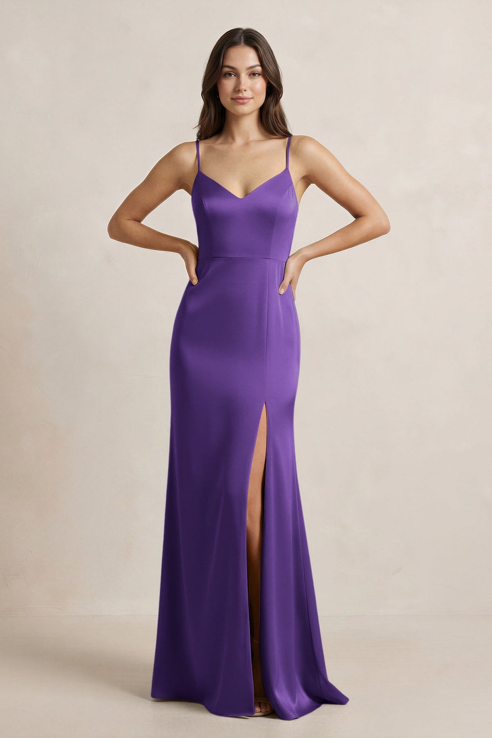 Spaghetti Strap Sheath Satin Bridesmaid Dress in Amethyst - KISS BRIDAL Bridesmaid Dresses