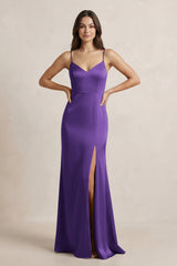 Spaghetti Strap Sheath Satin Bridesmaid Dress in Amethyst - KISS BRIDAL Bridesmaid Dresses