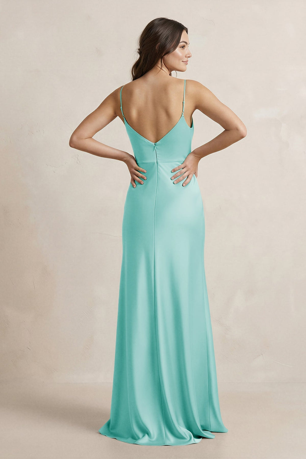 Spaghetti Strap Sheath Satin Bridesmaid Dress in Aqua - KISS BRIDAL Bridesmaid Dresses
