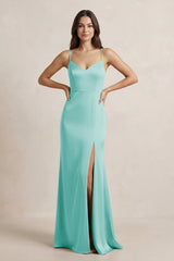 Spaghetti Strap Sheath Satin Bridesmaid Dress in Aqua - KISS BRIDAL Bridesmaid Dresses