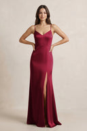 Spaghetti Strap Sheath Satin Bridesmaid Dress in Berry - SHE IS ME Bridesmaid Dresses