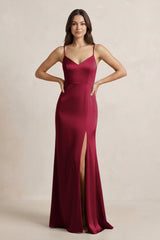 Spaghetti Strap Sheath Satin Bridesmaid Dress in Berry - KISS BRIDAL Bridesmaid Dresses
