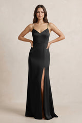 Spaghetti Strap Sheath Satin Bridesmaid Dress in Black - KISS BRIDAL Bridesmaid Dresses