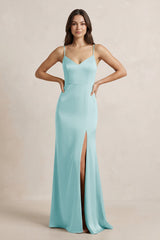 Spaghetti Strap Sheath Satin Bridesmaid Dress in Bleached Aqua - KISS BRIDAL Bridesmaid Dresses