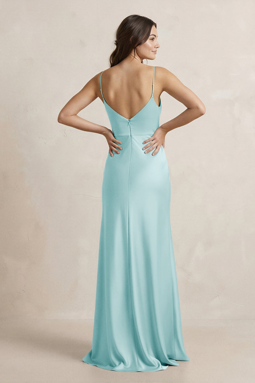 Spaghetti Strap Sheath Satin Bridesmaid Dress in Bleached Aqua - KISS BRIDAL Bridesmaid Dresses