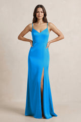 Spaghetti Strap Sheath Satin Bridesmaid Dress in Blue Jay - KISS BRIDAL Bridesmaid Dresses