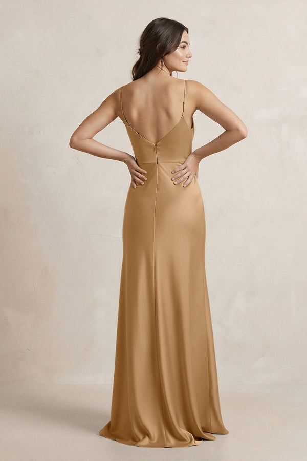 Spaghetti Strap Sheath Satin Bridesmaid Dress in Bronzer - SHE IS ME Bridesmaid Dresses