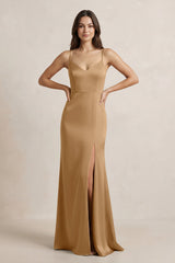 Spaghetti Strap Sheath Satin Bridesmaid Dress in Bronzer - KISS BRIDAL Bridesmaid Dresses