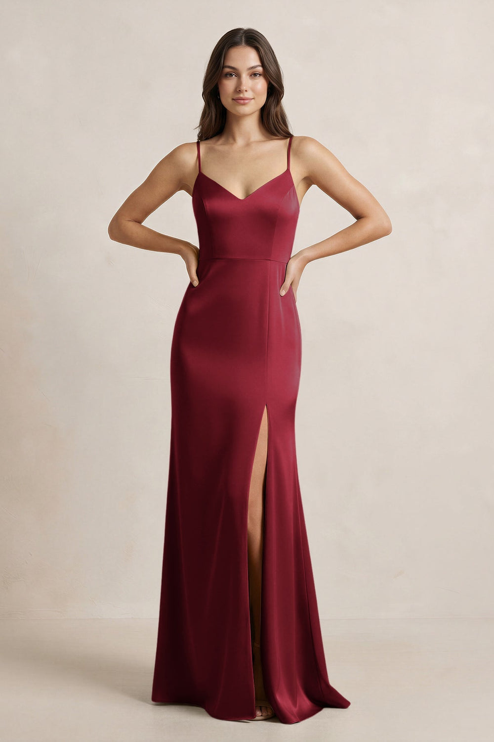Spaghetti Strap Sheath Satin Bridesmaid Dress in Burgundy - KISS BRIDAL Bridesmaid Dresses