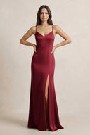 Spaghetti Strap Sheath Satin Bridesmaid Dress in Burgundy - SHE IS ME Bridesmaid Dresses