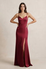 Spaghetti Strap Sheath Satin Bridesmaid Dress in Burgundy - KISS BRIDAL Bridesmaid Dresses