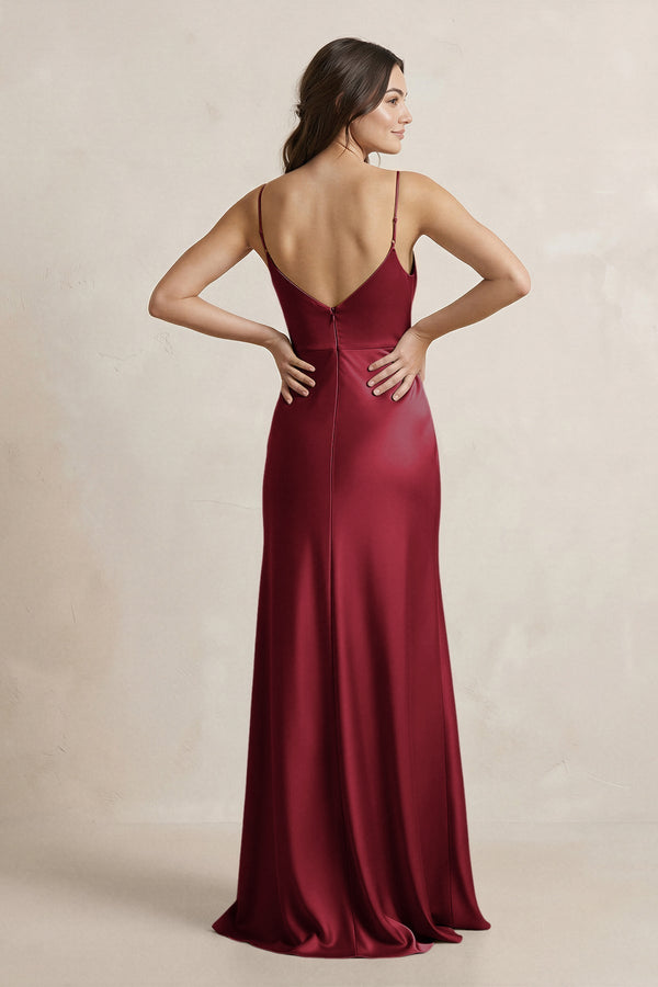 Spaghetti Strap Sheath Satin Bridesmaid Dress in Burgundy - SHE IS ME Bridesmaid Dresses
