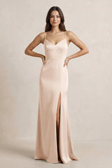 Spaghetti Strap Sheath Satin Bridesmaid Dress in Buttercream - KISS BRIDAL Bridesmaid Dresses