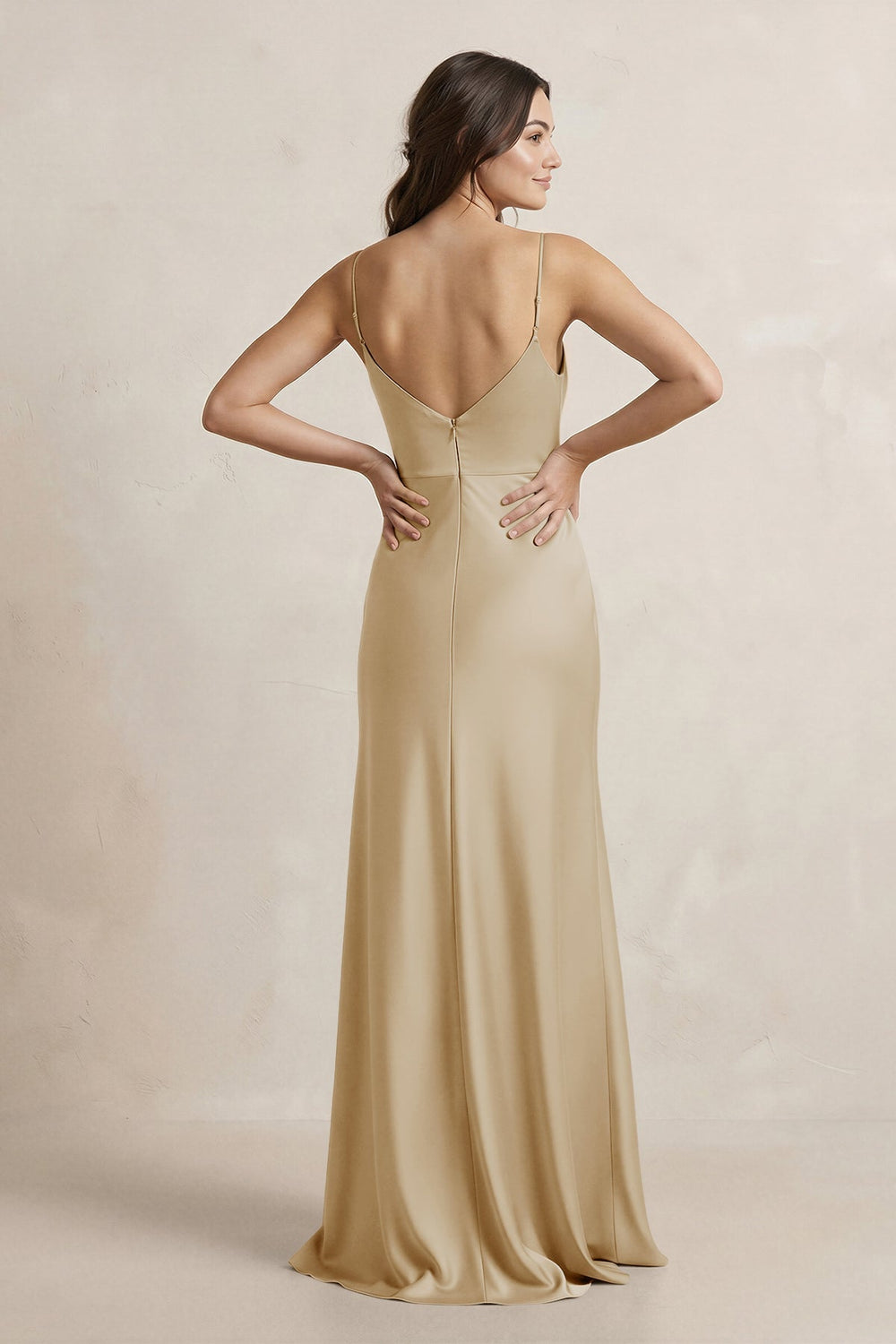 Spaghetti Strap Sheath Satin Bridesmaid Dress in Champagne - KISS BRIDAL Bridesmaid Dresses