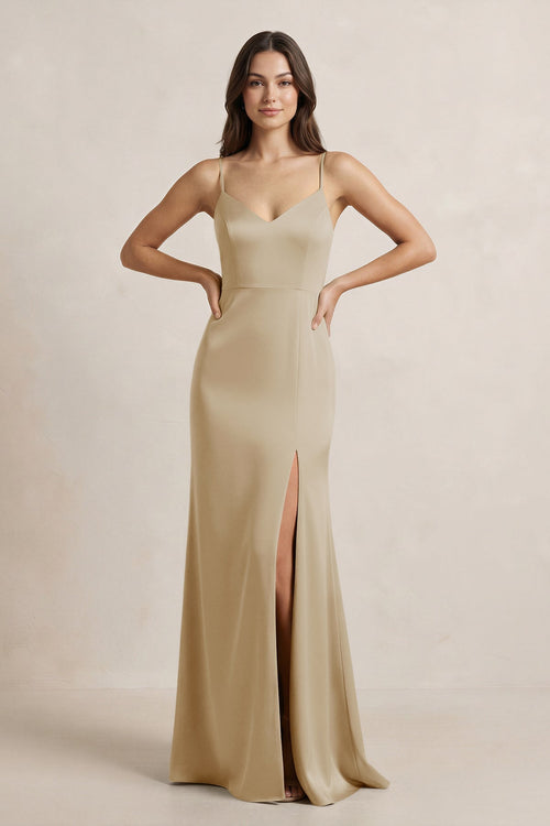 Spaghetti Strap Sheath Satin Bridesmaid Dress in Champagne - SHE IS ME Bridesmaid Dresses