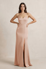 Spaghetti Strap Sheath Satin Bridesmaid Dress in Champagne Rose - KISS BRIDAL Bridesmaid Dresses