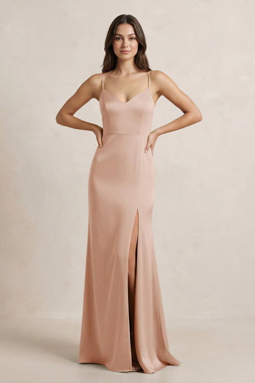 Spaghetti Strap Sheath Satin Bridesmaid Dress in Champagne Rose - SHE IS ME Bridesmaid Dresses