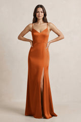 Spaghetti Strap Sheath Satin Bridesmaid Dress in Cinnamon - KISS BRIDAL Bridesmaid Dresses