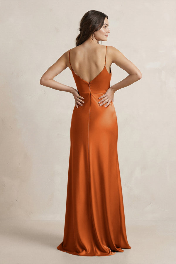 Spaghetti Strap Sheath Satin Bridesmaid Dress in Cinnamon - SHE IS ME Bridesmaid Dresses