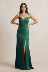 Spaghetti Strap Sheath Satin Bridesmaid Dress in Dark Green - KISS BRIDAL Bridesmaid Dresses