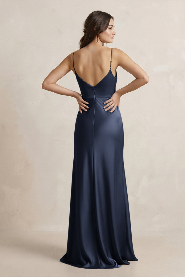 Spaghetti Strap Sheath Satin Bridesmaid Dress in Dark Navy - SHE IS ME Bridesmaid Dresses