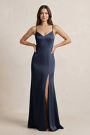 Spaghetti Strap Sheath Satin Bridesmaid Dress in Dark Navy - SHE IS ME Bridesmaid Dresses