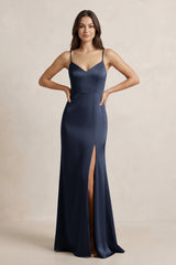 Spaghetti Strap Sheath Satin Bridesmaid Dress in Dark Navy - KISS BRIDAL Bridesmaid Dresses