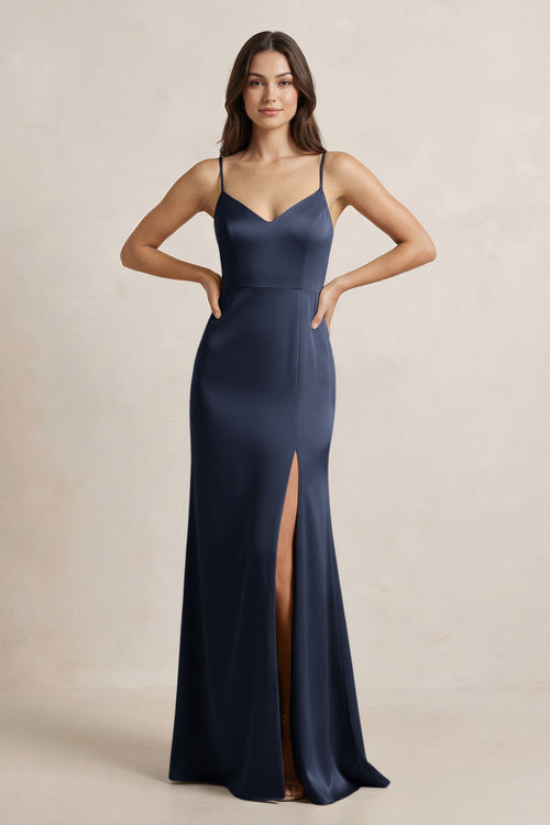 Spaghetti Strap Sheath Satin Bridesmaid Dress in Dark Navy - SHE IS ME Bridesmaid Dresses