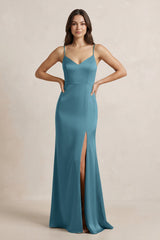 Spaghetti Strap Sheath Satin Bridesmaid Dress in Dark Teal - KISS BRIDAL Bridesmaid Dresses