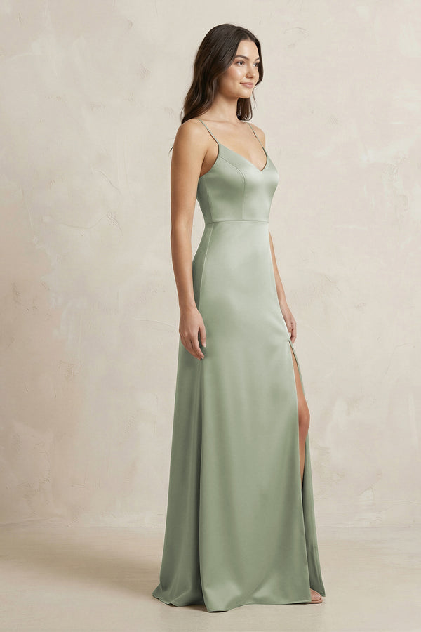 Spaghetti Strap Sheath Satin Bridesmaid Dress in Dove Gray - SHE IS ME Bridesmaid Dresses