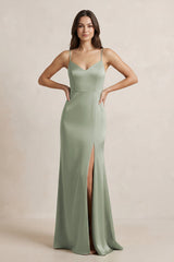 Spaghetti Strap Sheath Satin Bridesmaid Dress in Dove Gray - KISS BRIDAL Bridesmaid Dresses