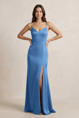 Spaghetti Strap Sheath Satin Bridesmaid Dress in Dusty Blue - KISS BRIDAL Bridesmaid Dresses