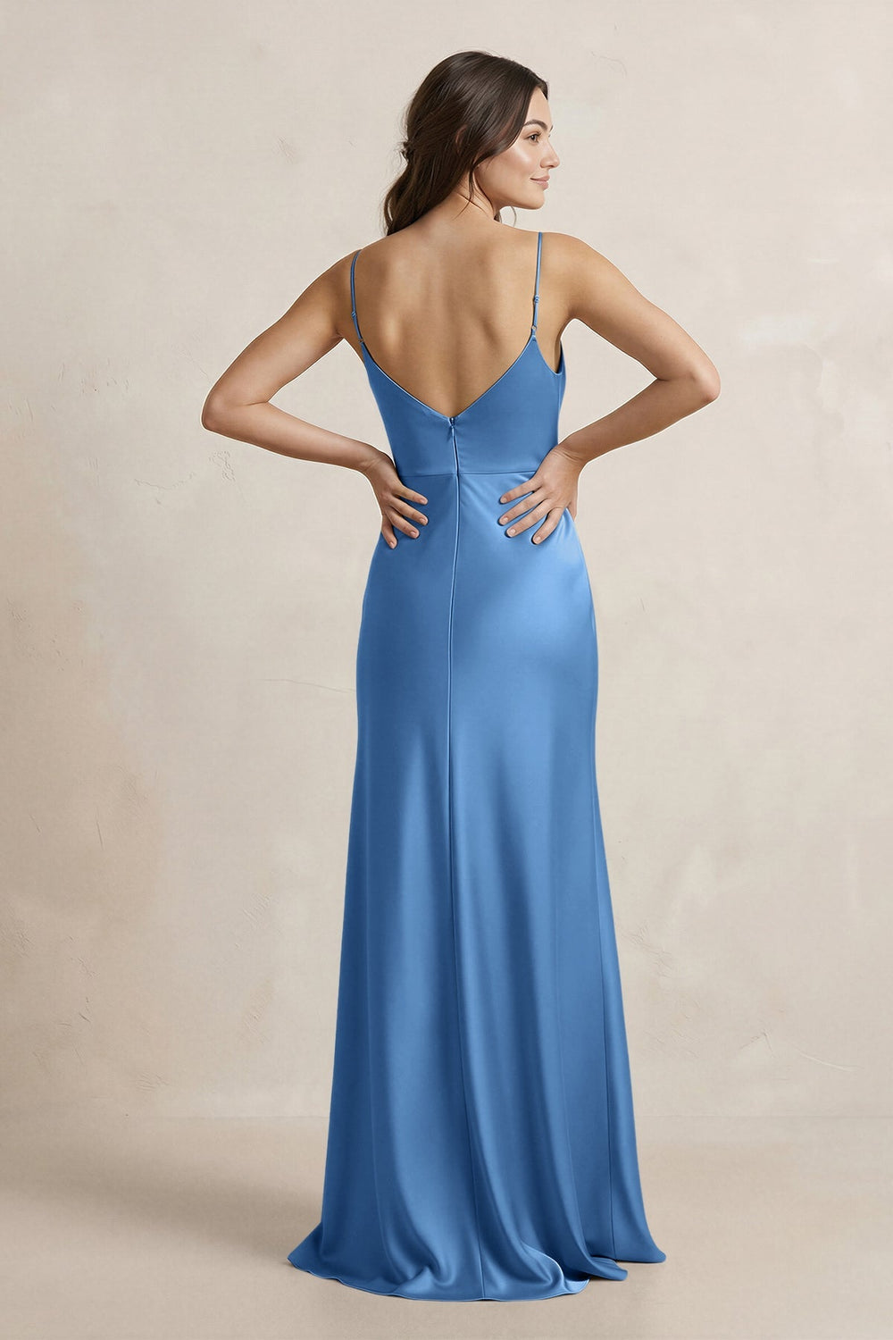 Spaghetti Strap Sheath Satin Bridesmaid Dress in Dusty Blue - KISS BRIDAL Bridesmaid Dresses